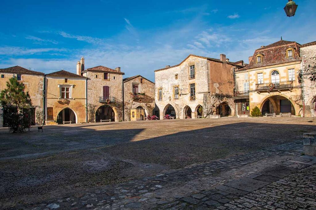 Central square in Monpazier, a beautiful French village