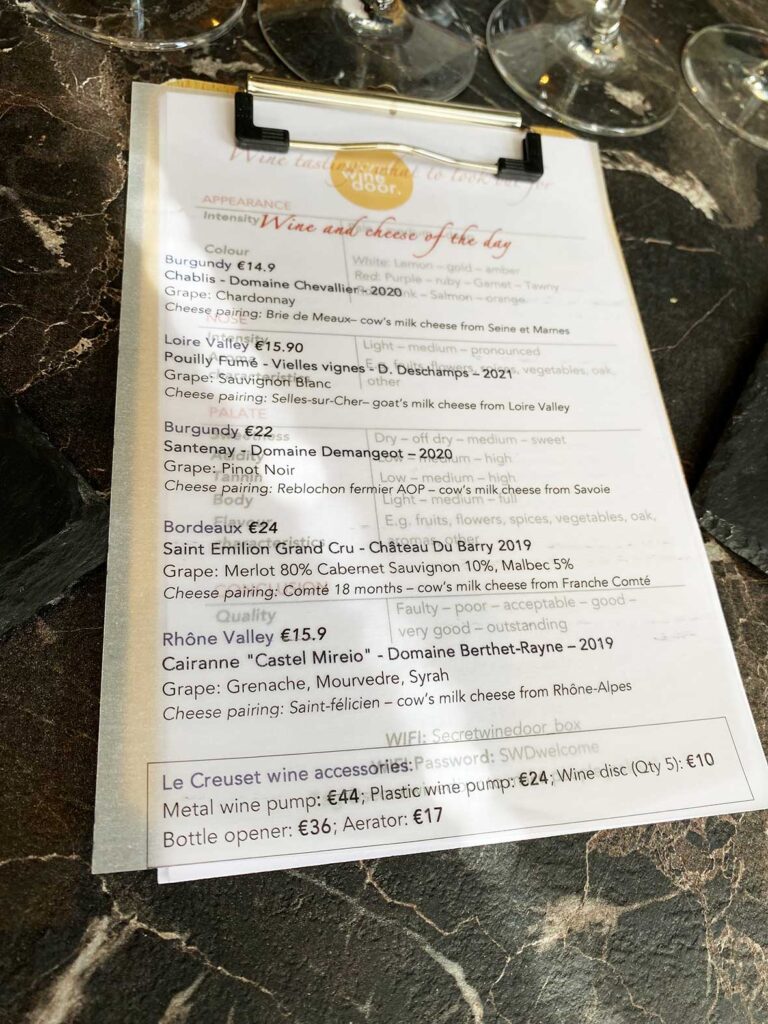Secret Wine Door Paris Menu