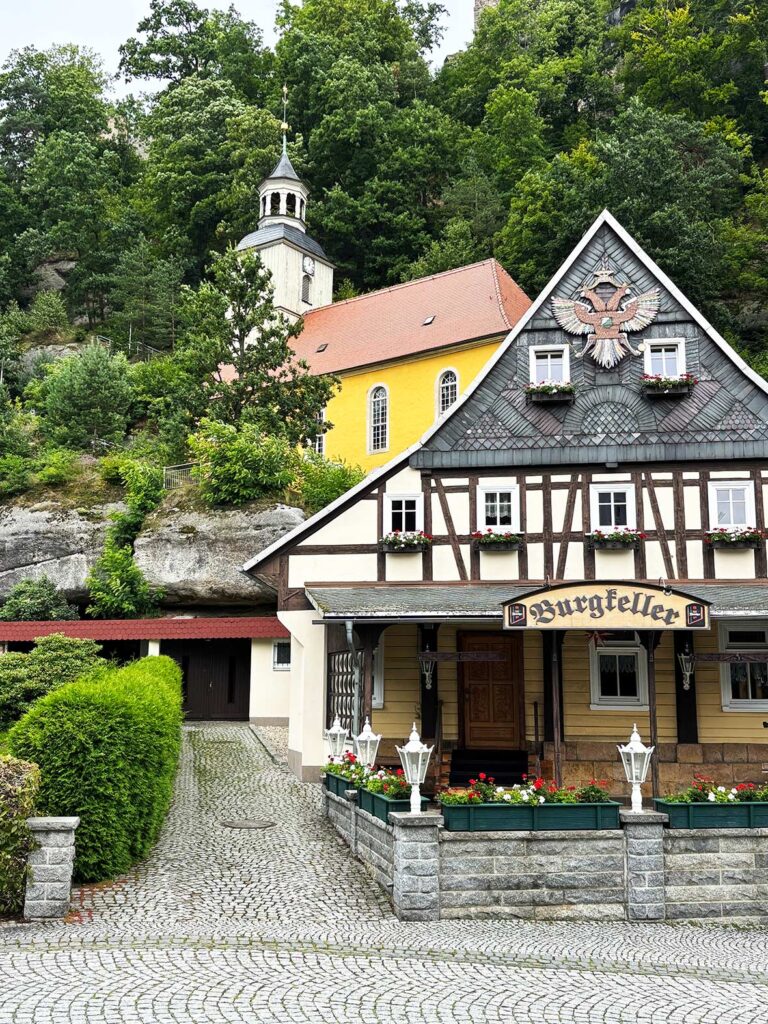View of Oybin Mountain Church from Oybin Town Center in Germany