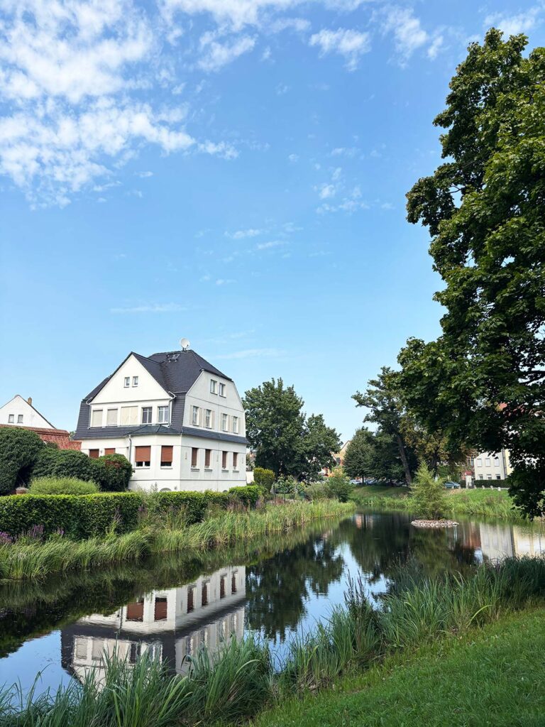 Black and White Home on the Waterfront of the Moat Canals in Delitzsch Germany