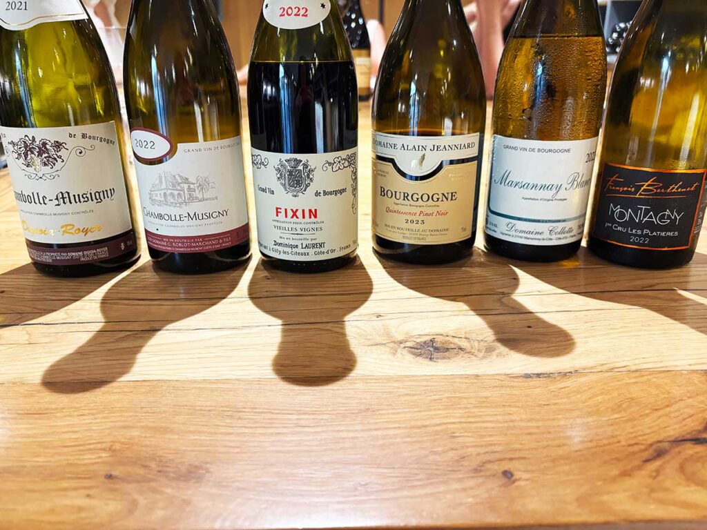 Bottles of Grand Cru and Premier Cru Wine at a Wine Tasting on a Tour from Beaune