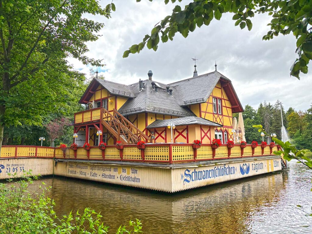 Schwanenschlosschen (Swan Castle) Restaurant on the Lake in Freiberg, Saxony, Germany