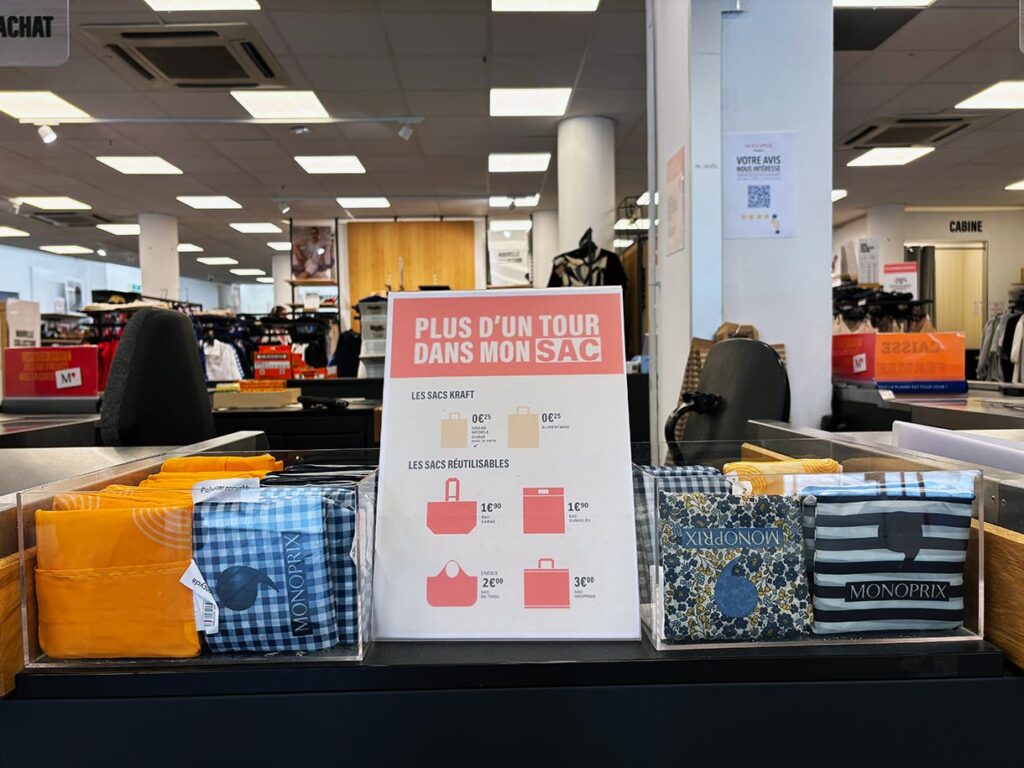 Reusable Shopping Bags at Monoprix Supermarket in Paris France