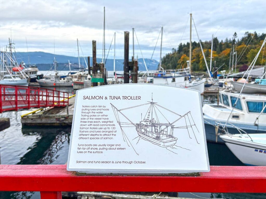 Sign Explaining Salmon and Tuna Troller Boats in Cowichan Bay, BC, Canada