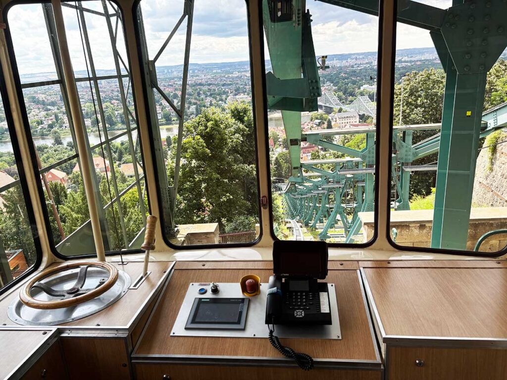 View from the Front of the Dresden Cable Car Descending Towards the Elbe River