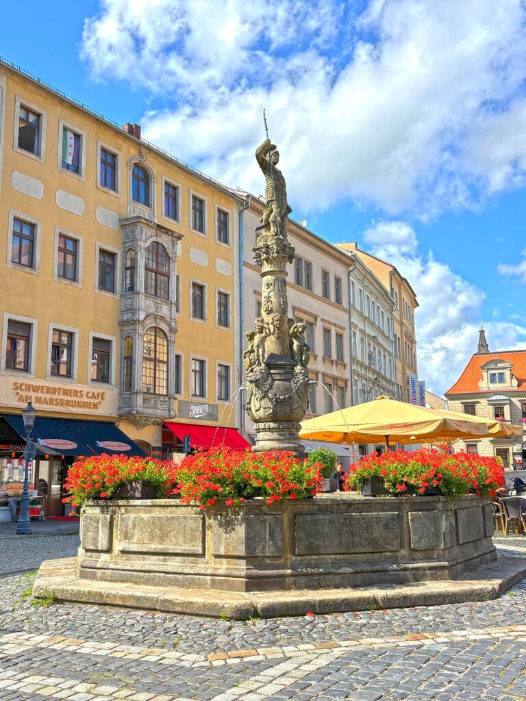 The Mars Fountain in Markt, Zittau, Saxony, Germany