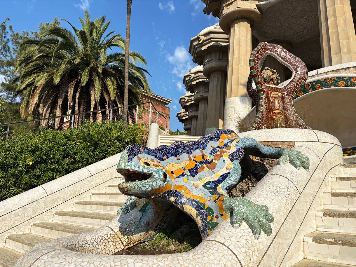 Dragon Fountain or Salamander Fountain at the Monumental Staircase in Parc Guell Barcelona Spain