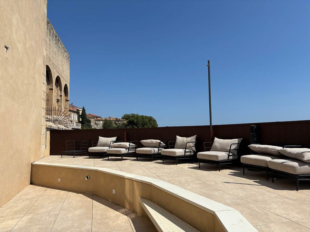 Sun Terrace with a View of Canal du Midi at Hotel Le Prison Beziers Prison Hotel in France