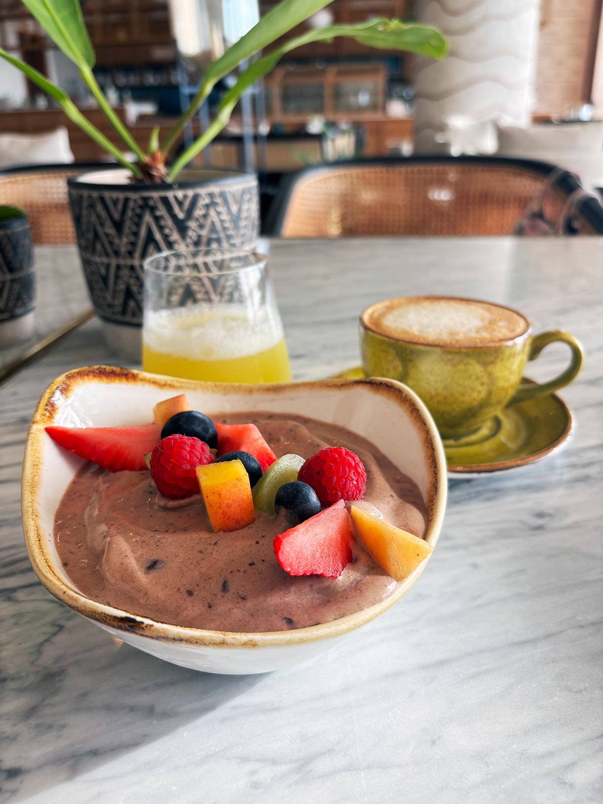 Cacao Smoothie Bowl at Plantissa Cafe for Breakfast at Palmaia Resort in Playacar Mexico