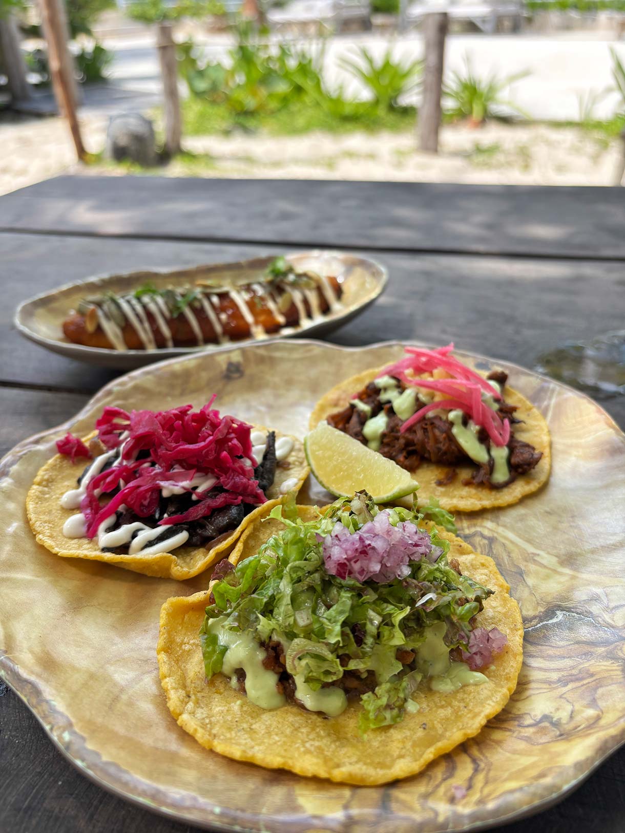 Vegan Tacos and Charred Plantain at Charly's Vegan Tacos at Palmaia the House of Aia Resort in Mexico