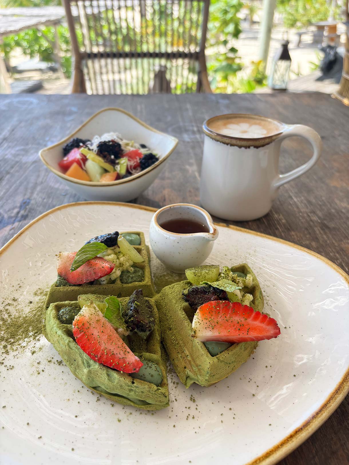 Matcha Waffles and Fruit at Su Casa Restaurant at Palmaia the House of Aia Resort in Mexico