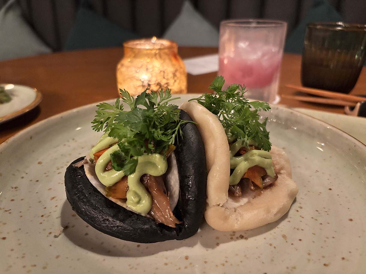 Black and White Vegan Bao Steam Buns at Ume Restaurant in Palmaia the House of Aia Resort in Mexico
